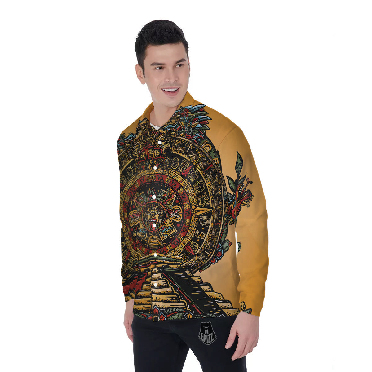 Statue Ancient Mayan Print Men's Long Sleeve Shirts-grizzshop