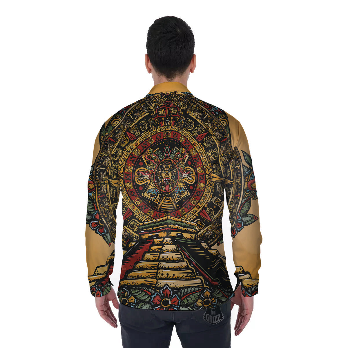 Statue Ancient Mayan Print Men's Long Sleeve Shirts-grizzshop