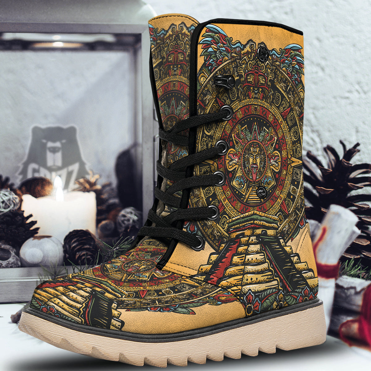 Statue Ancient Mayan Print Snow Boots-grizzshop