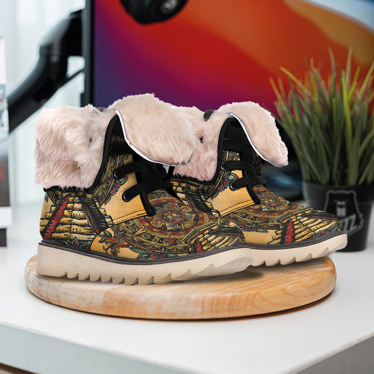 Statue Ancient Mayan Print Snow Boots-grizzshop
