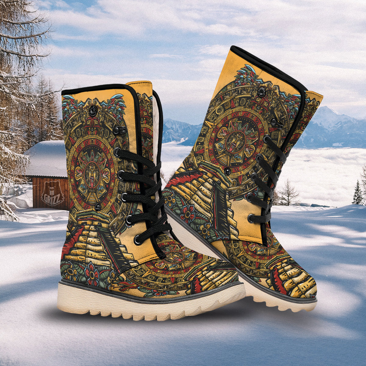 Statue Ancient Mayan Print Snow Boots-grizzshop