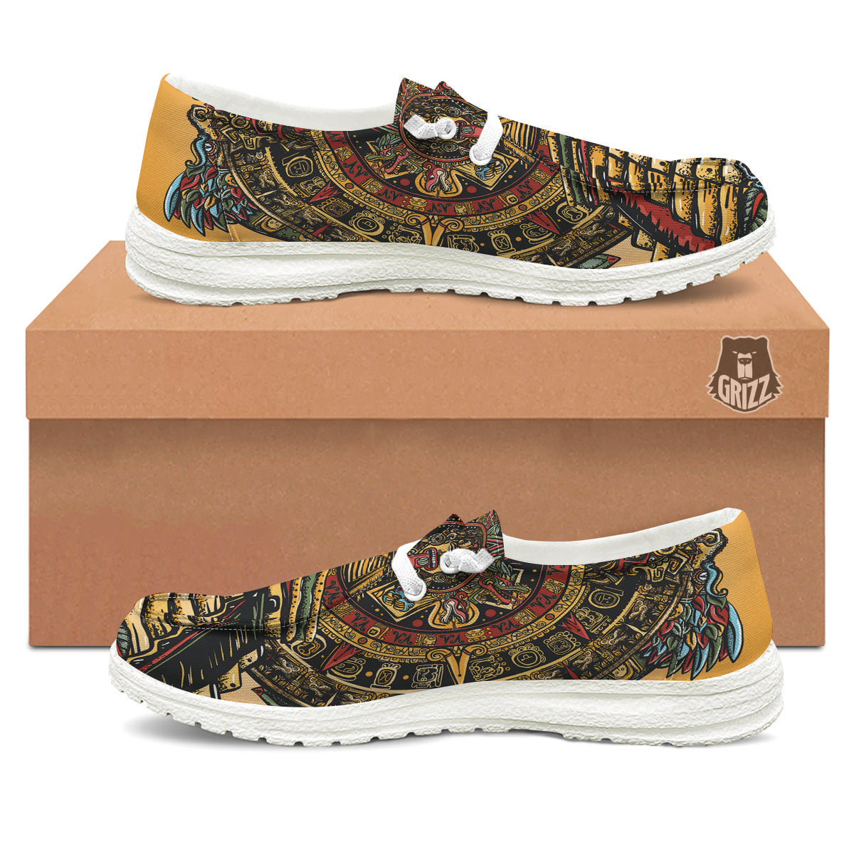 Statue Ancient Mayan Print White Loafers-grizzshop