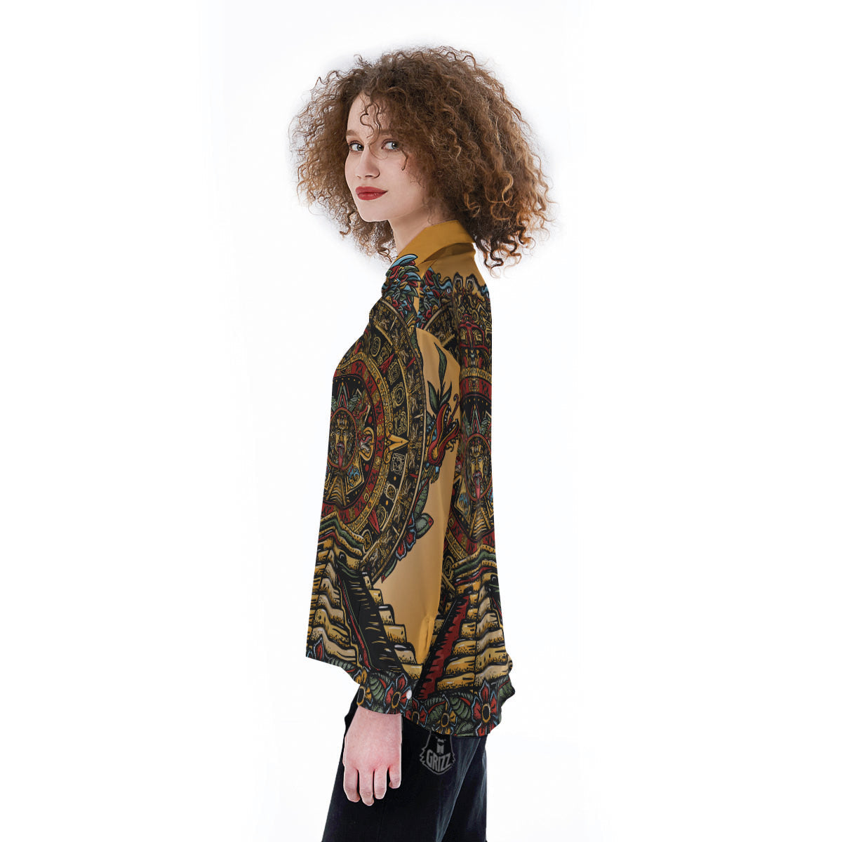 Statue Ancient Mayan Print Women's Long Sleeve Shirts-grizzshop