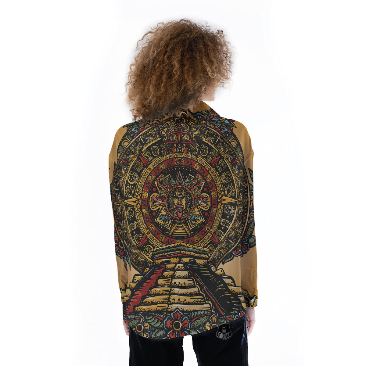 Statue Ancient Mayan Print Women's Long Sleeve Shirts-grizzshop