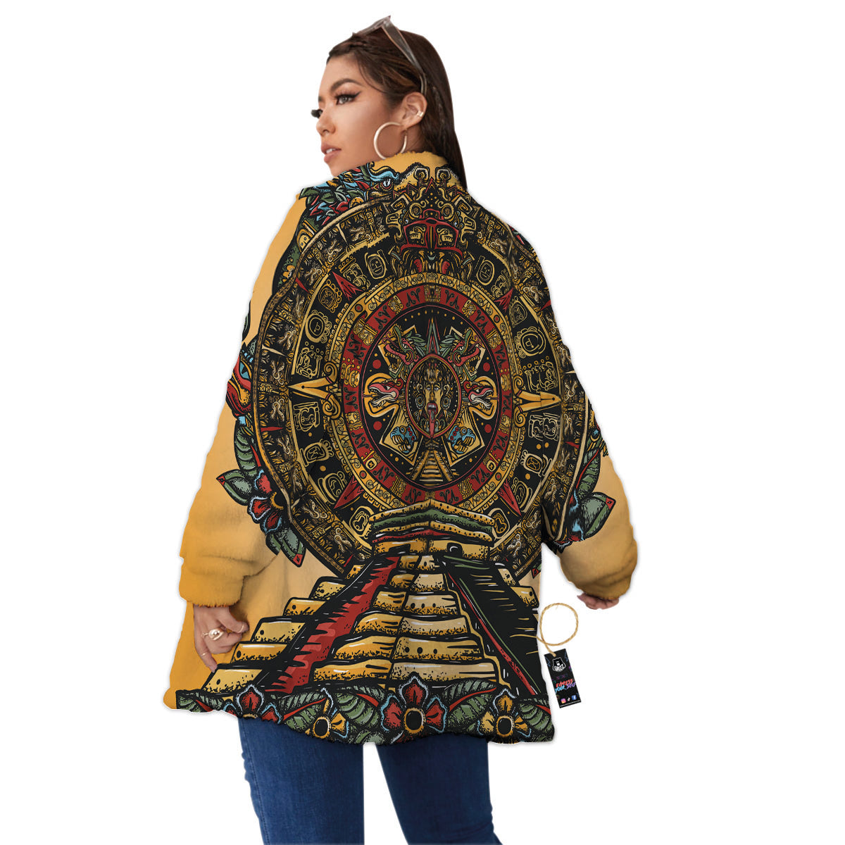 Statue Ancient Mayan Print Women's Sherpa Jacket-grizzshop