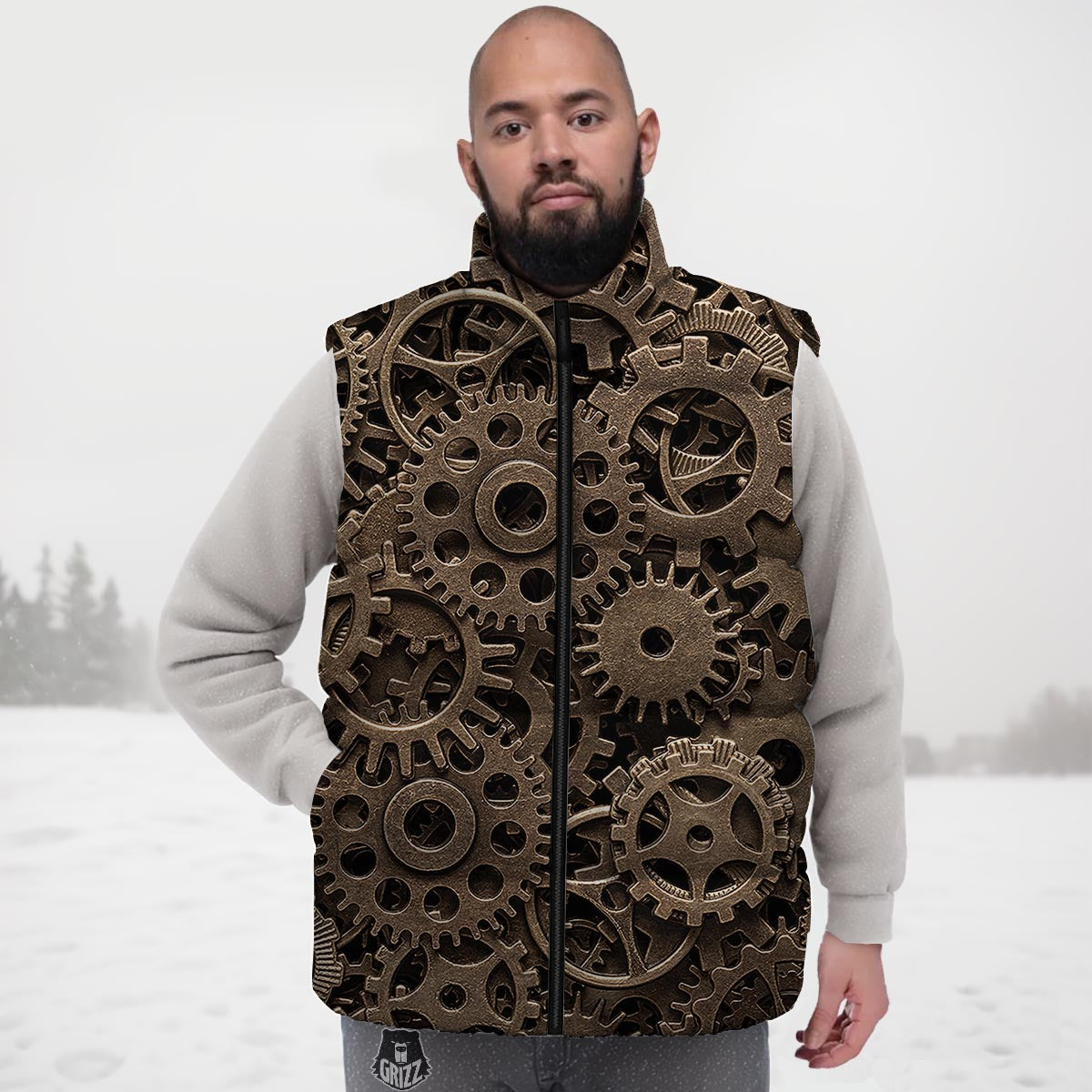 Steampunk Brass Gears And Cogs Print Down Vest