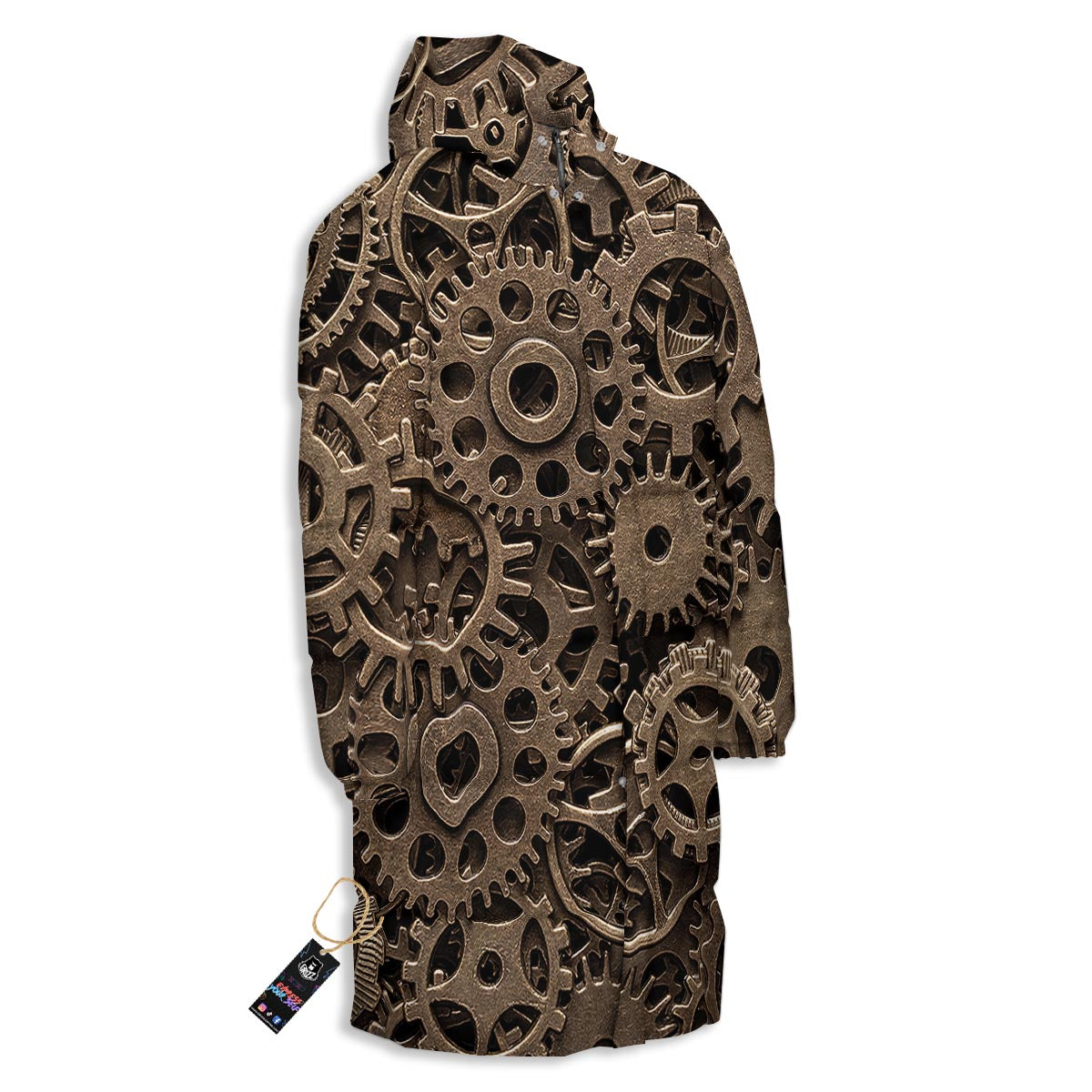 Steampunk Brass Gears And Cogs Print Long Down Jacket-grizzshop
