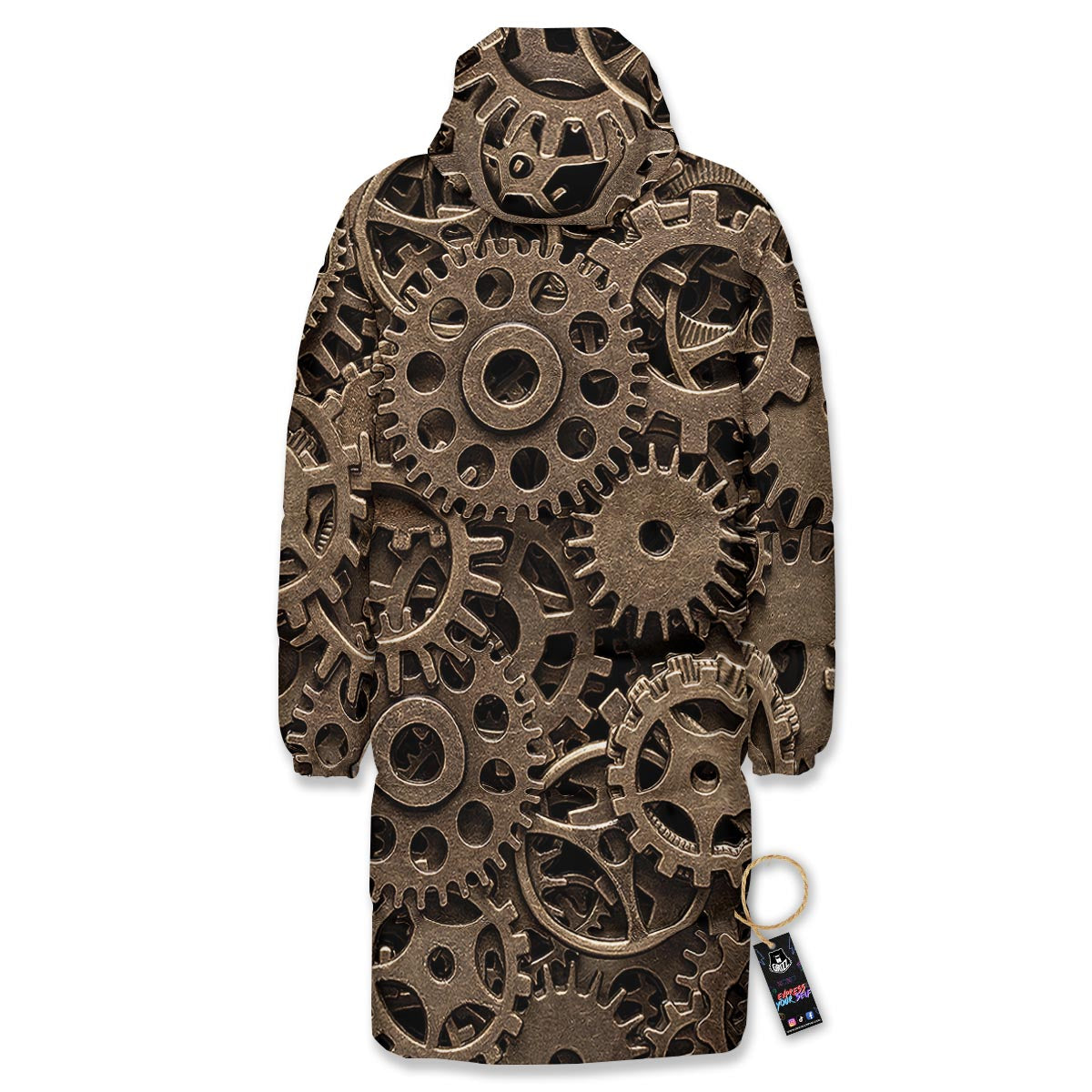 Steampunk Brass Gears And Cogs Print Long Down Jacket-grizzshop
