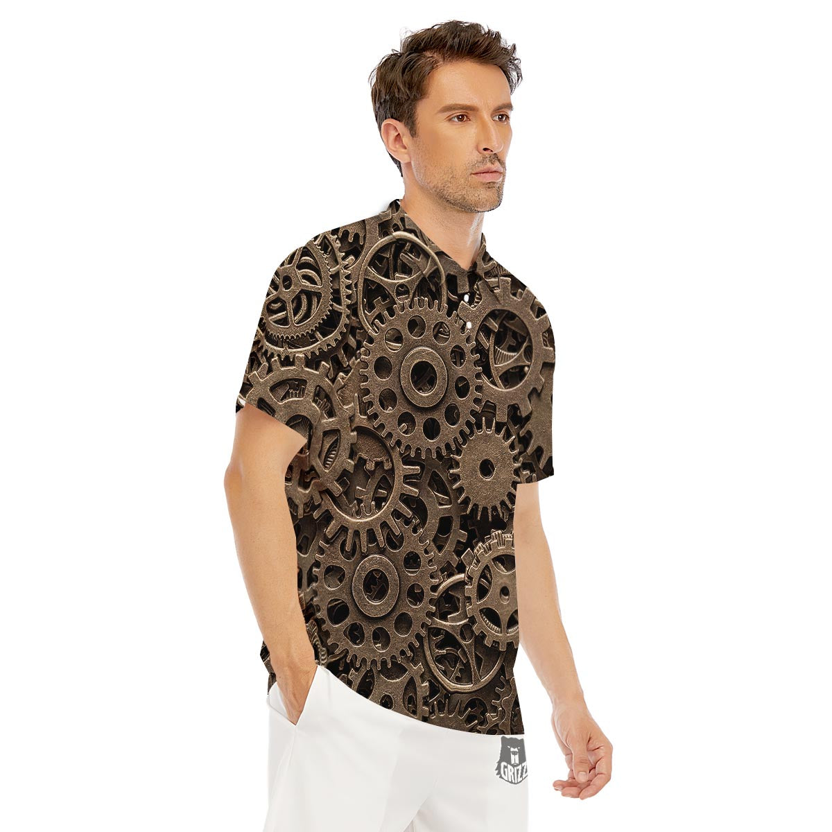 Steampunk Brass Gears And Cogs Print Men's Golf Shirts-grizzshop