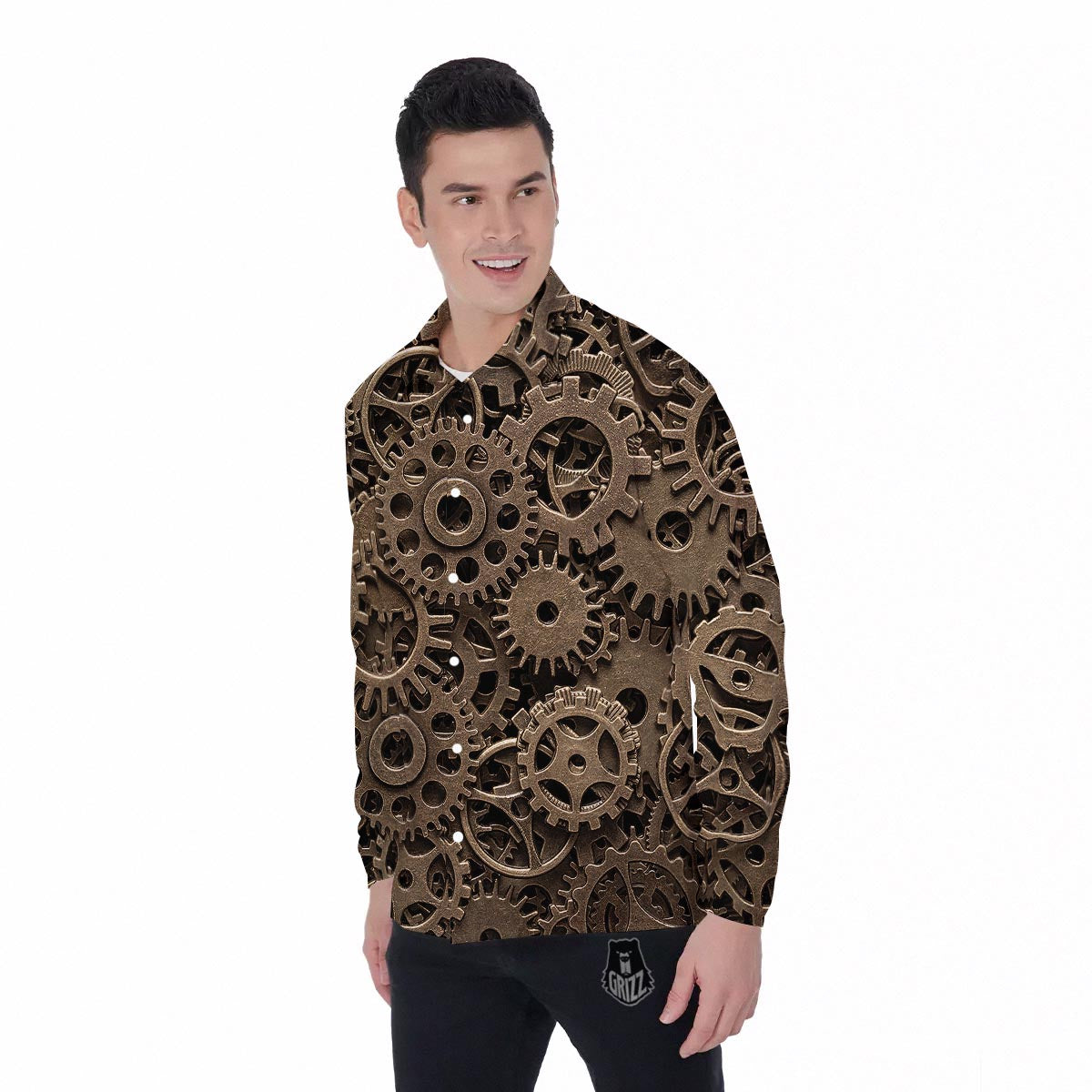 Steampunk Brass Gears And Cogs Print Men's Long Sleeve Shirts-grizzshop