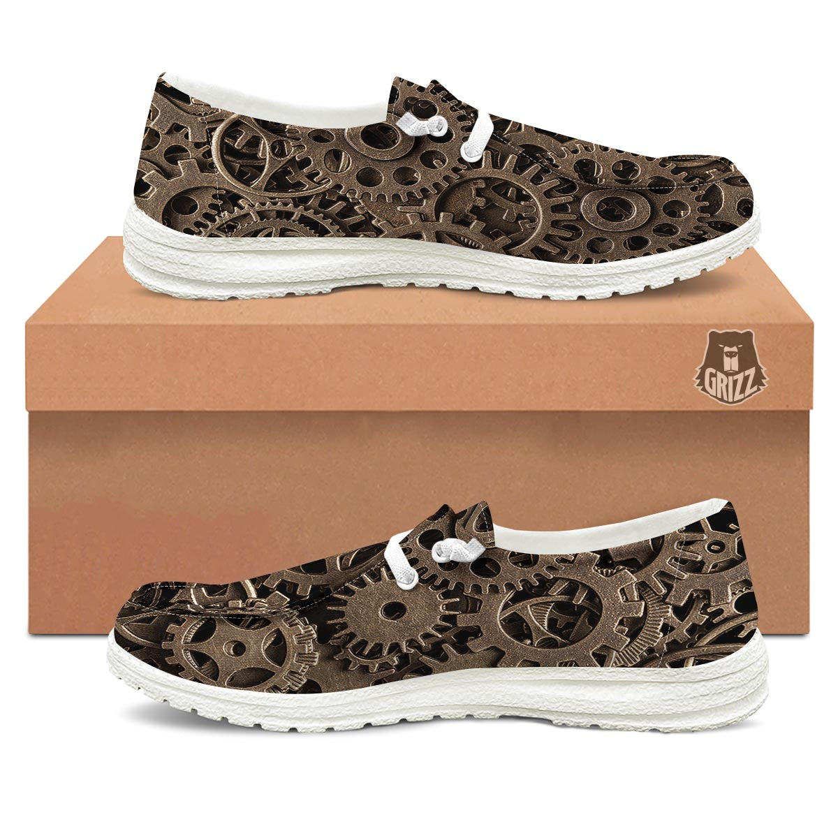 Steampunk Brass Gears And Cogs Print White Loafers-grizzshop