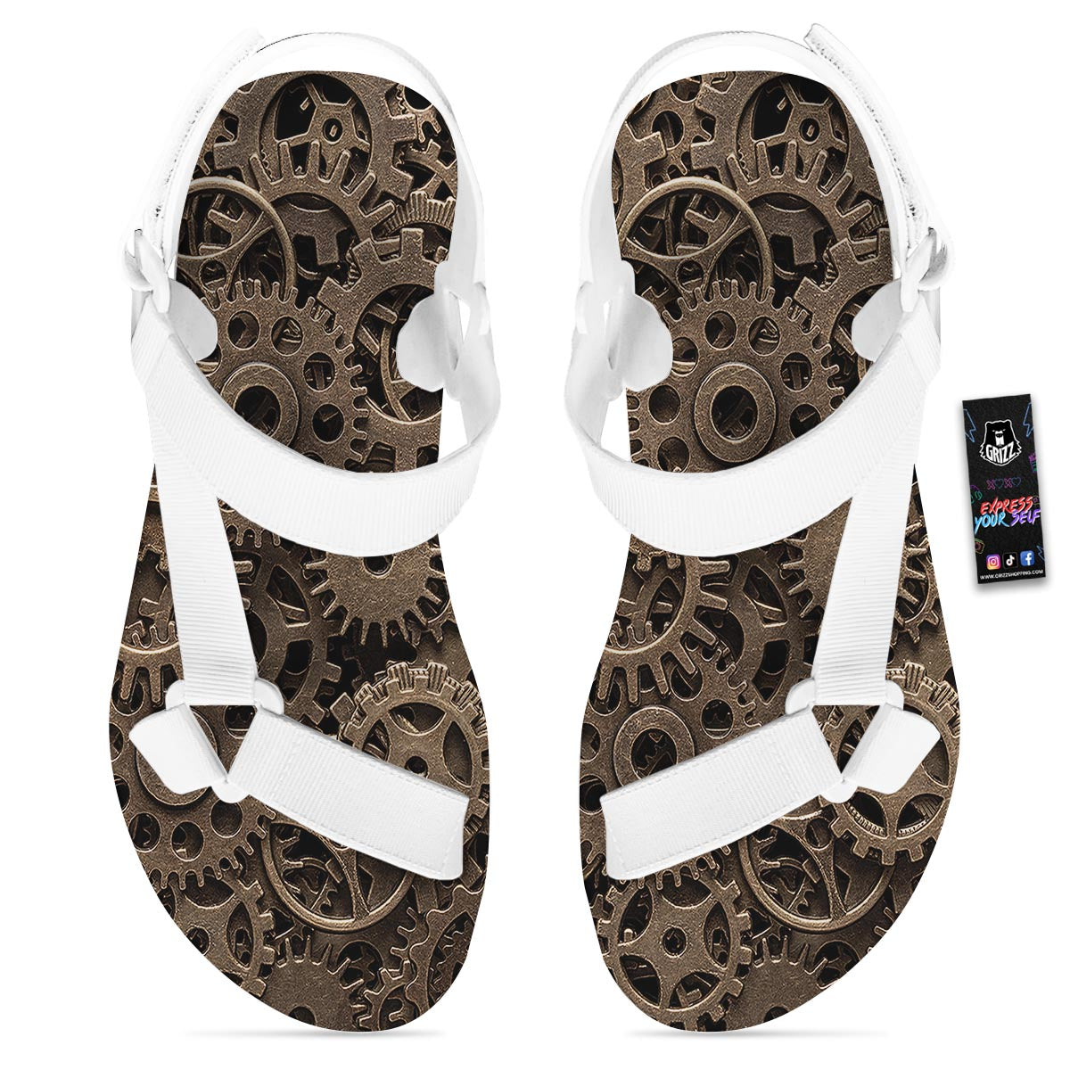 Steampunk Brass Gears And Cogs Print White Open Toe Sandals-grizzshop