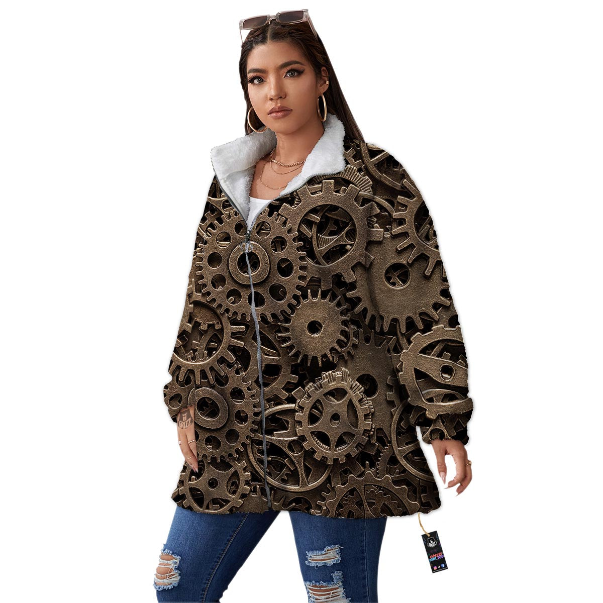 Steampunk Brass Gears And Cogs Print Women's Sherpa Jacket-grizzshop