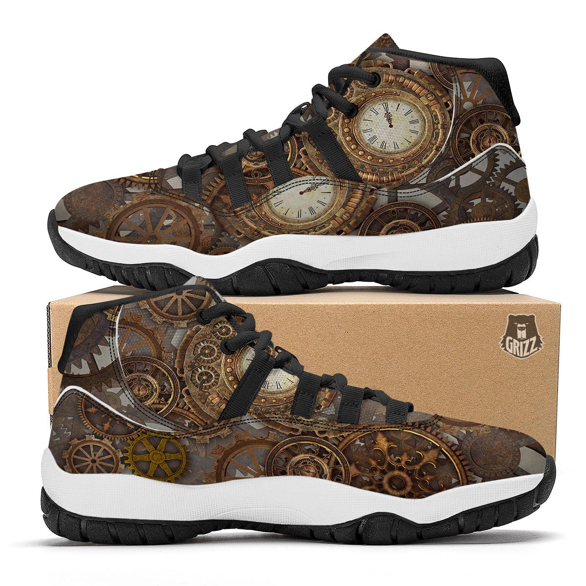 Steampunk Gears Clock Print Black Bball Shoes-grizzshop
