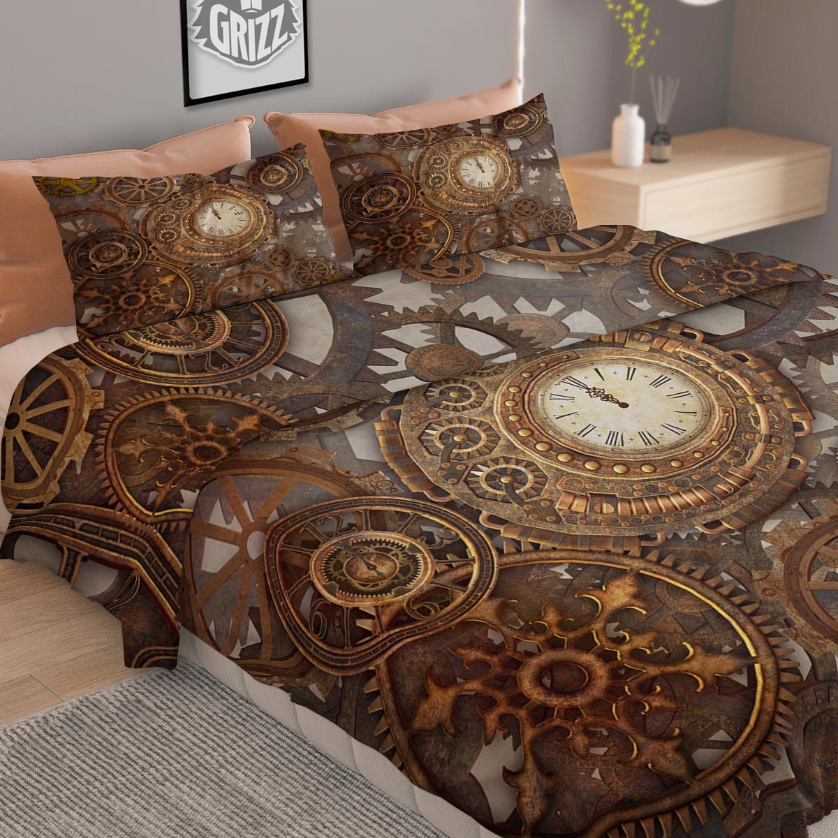 Steampunk Gears Clock Print Duvet Cover Bedding Set