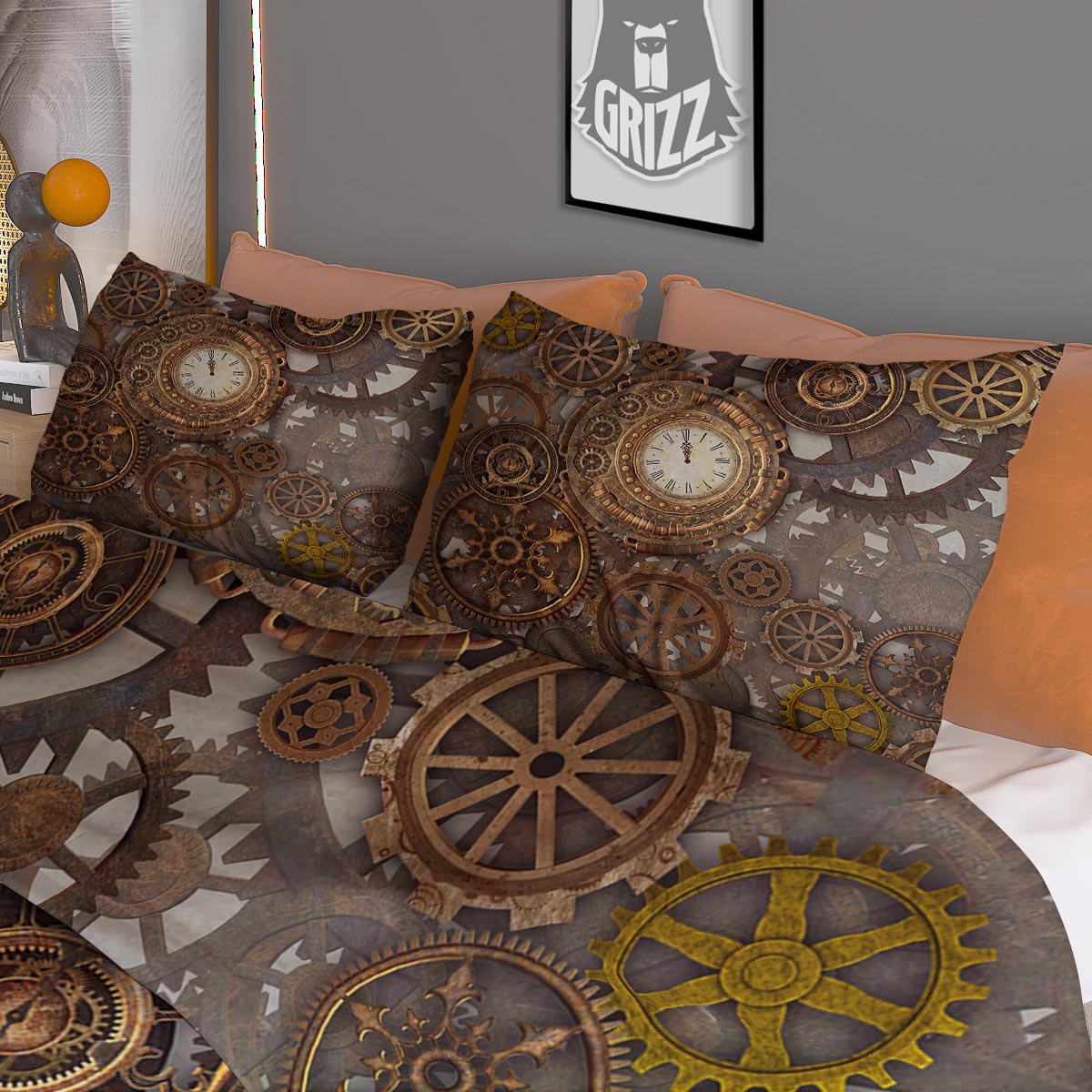 Steampunk Gears Clock Print Duvet Cover Bedding Set