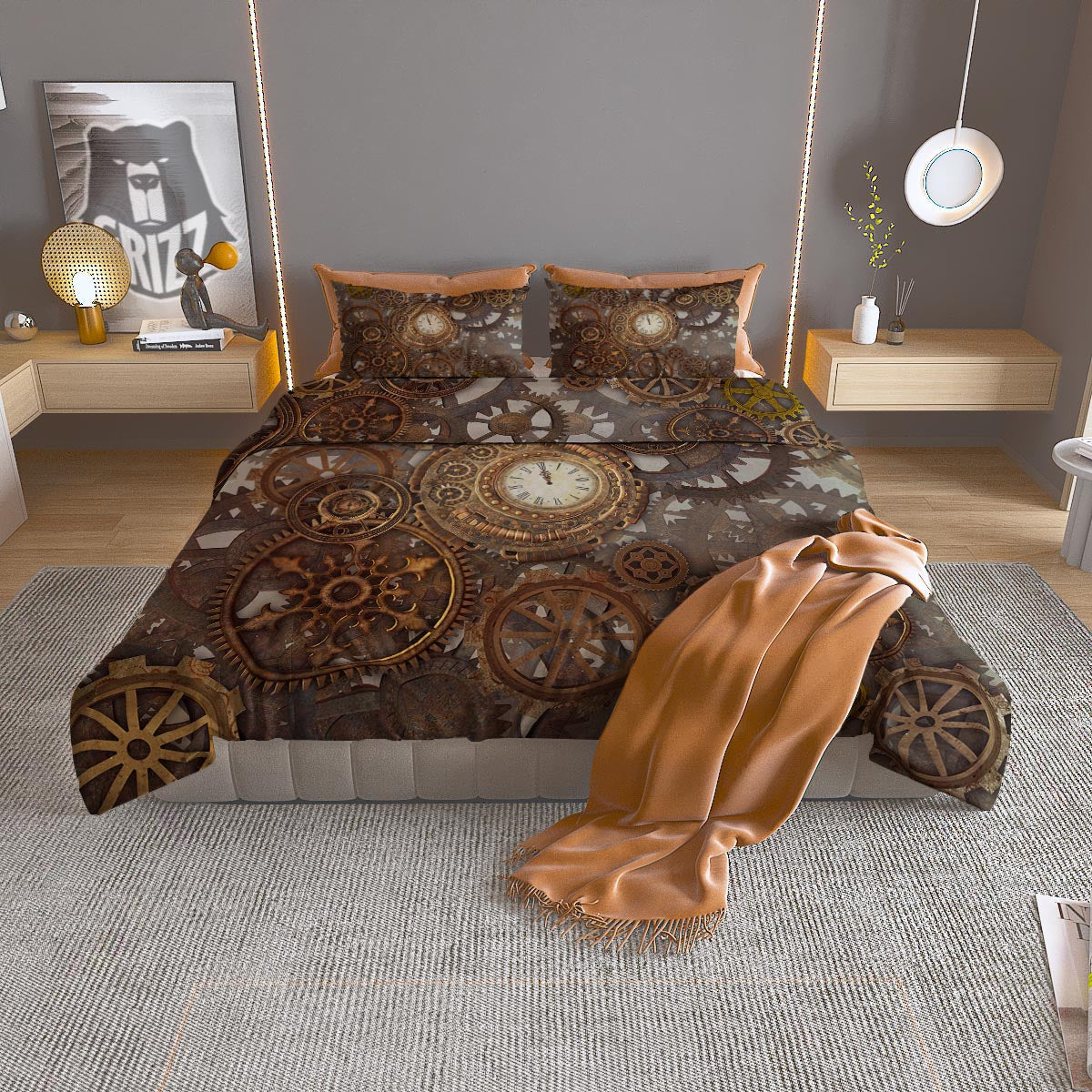 Steampunk Gears Clock Print Duvet Cover Bedding Set