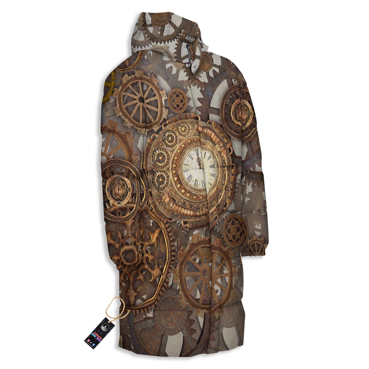 Steampunk Gears Clock Print Long Down Jacket-grizzshop