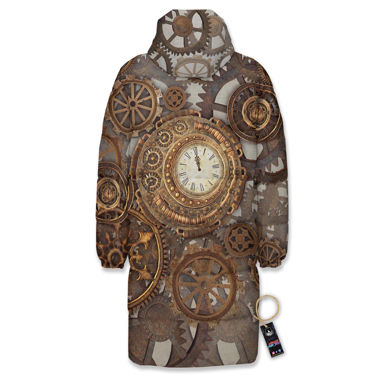 Steampunk Gears Clock Print Long Down Jacket-grizzshop