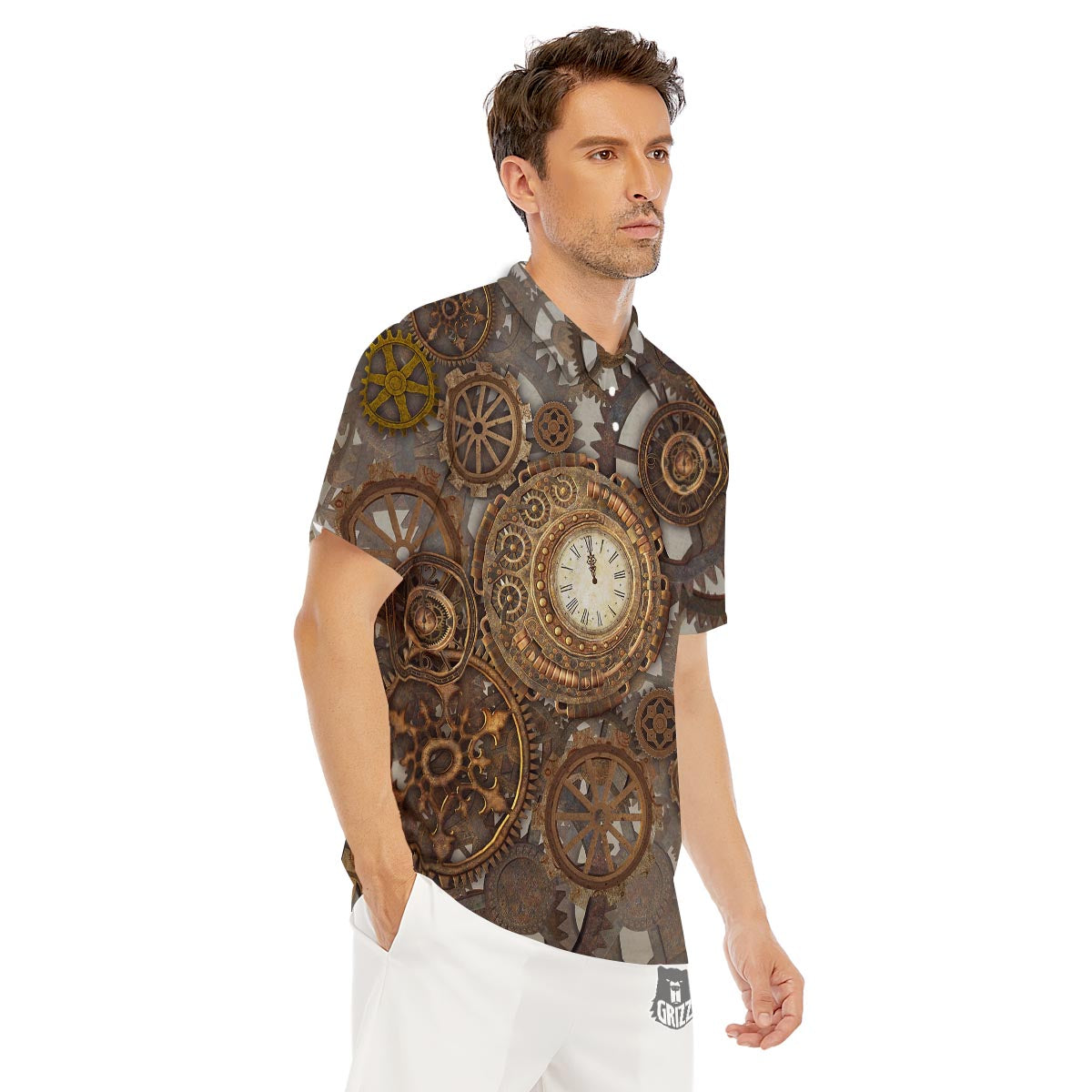 Steampunk Gears Clock Print Men's Golf Shirts-grizzshop
