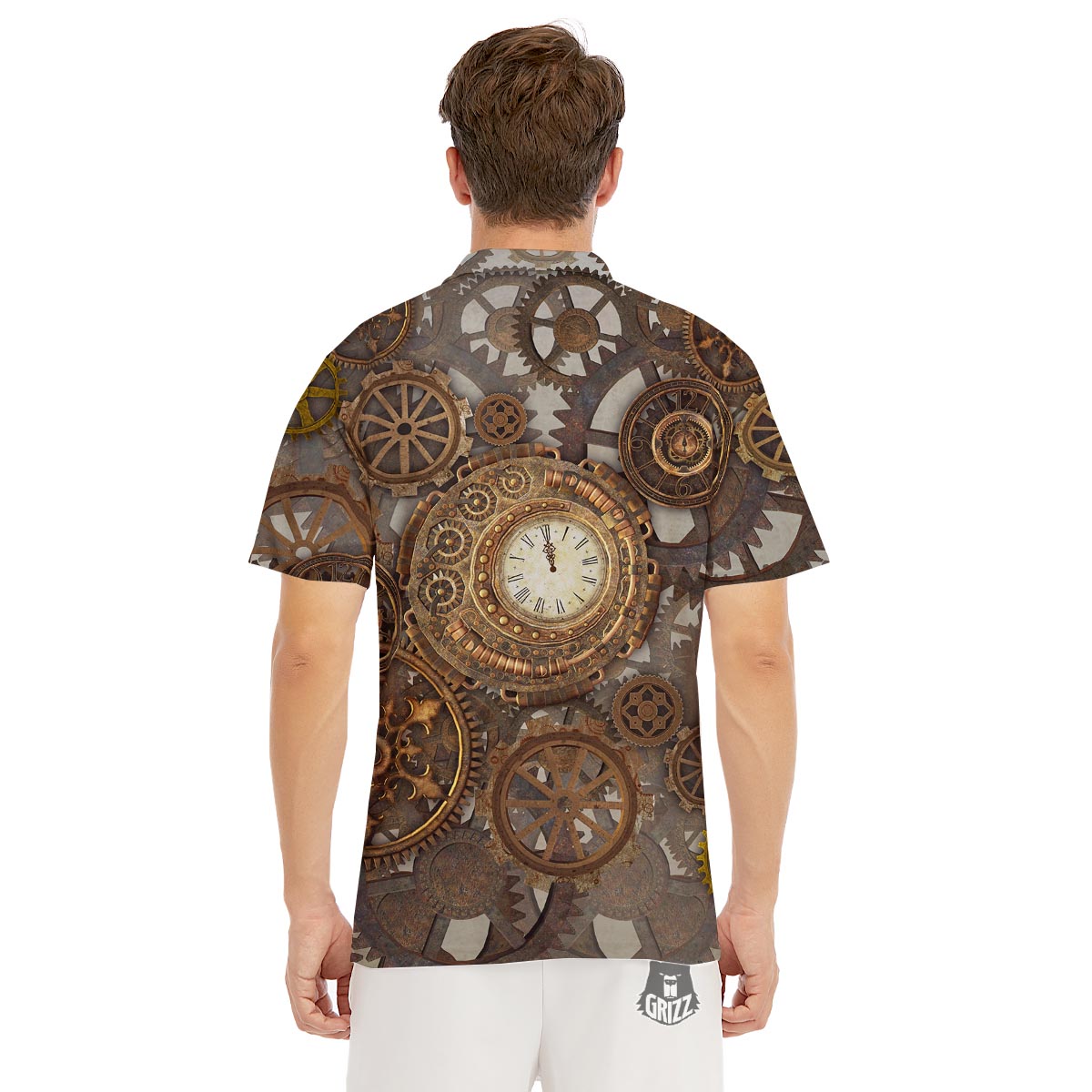 Steampunk Gears Clock Print Men's Golf Shirts-grizzshop