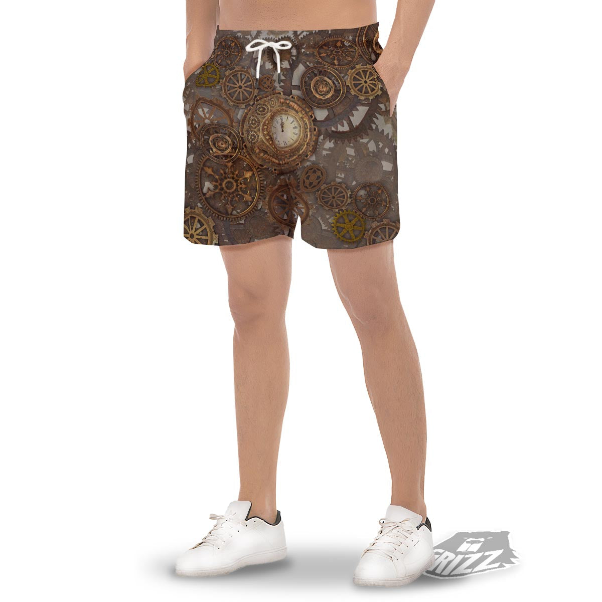 Steampunk Gears Clock Print Men's Gym Shorts-grizzshop