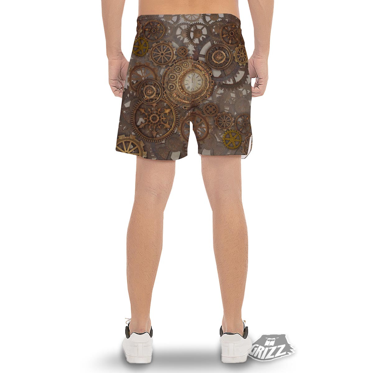 Steampunk Gears Clock Print Men's Gym Shorts-grizzshop