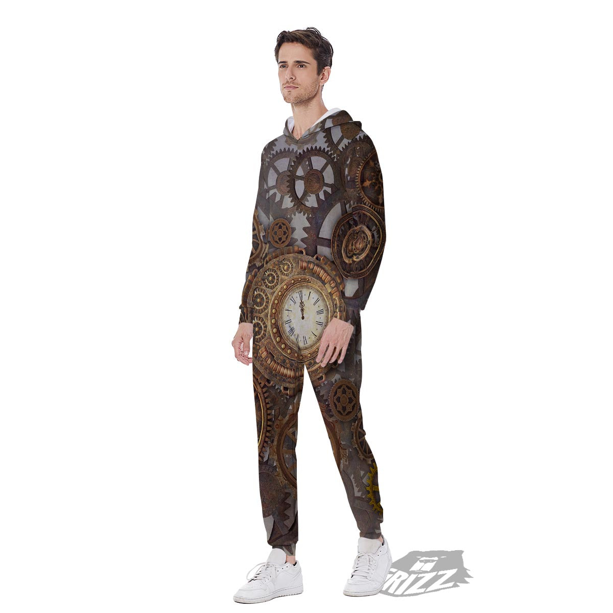 Steampunk Gears Clock Print Men's Jumpsuit-grizzshop