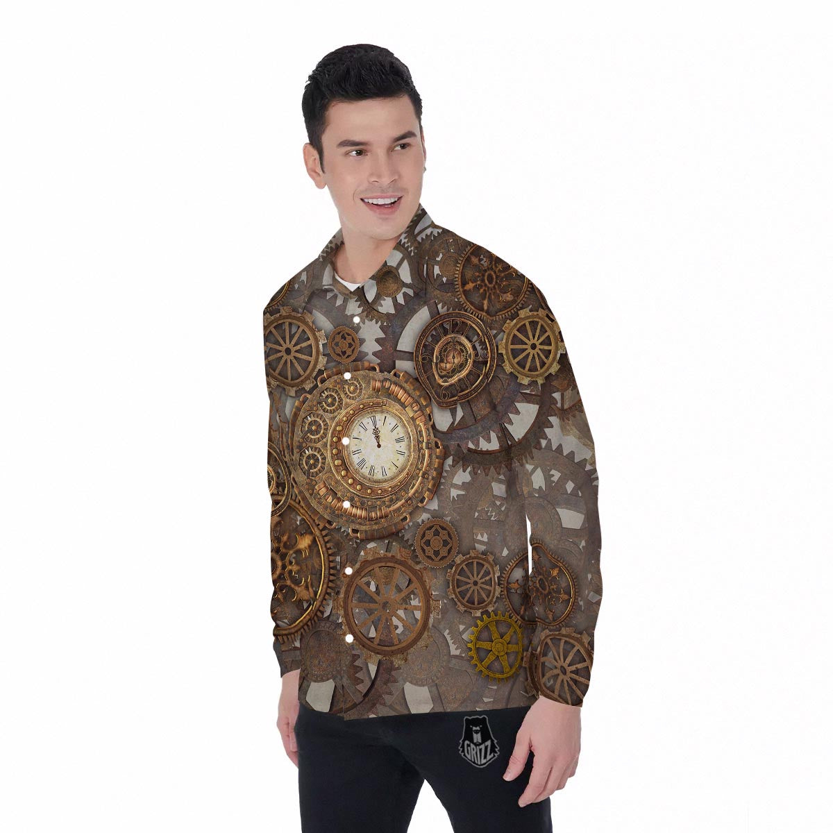 Steampunk Gears Clock Print Men's Long Sleeve Shirts-grizzshop