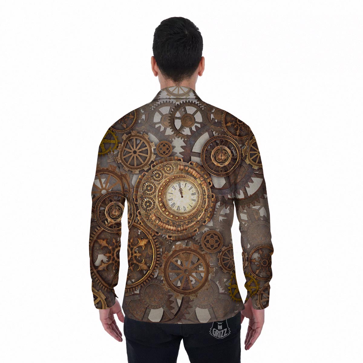Steampunk Gears Clock Print Men's Long Sleeve Shirts-grizzshop