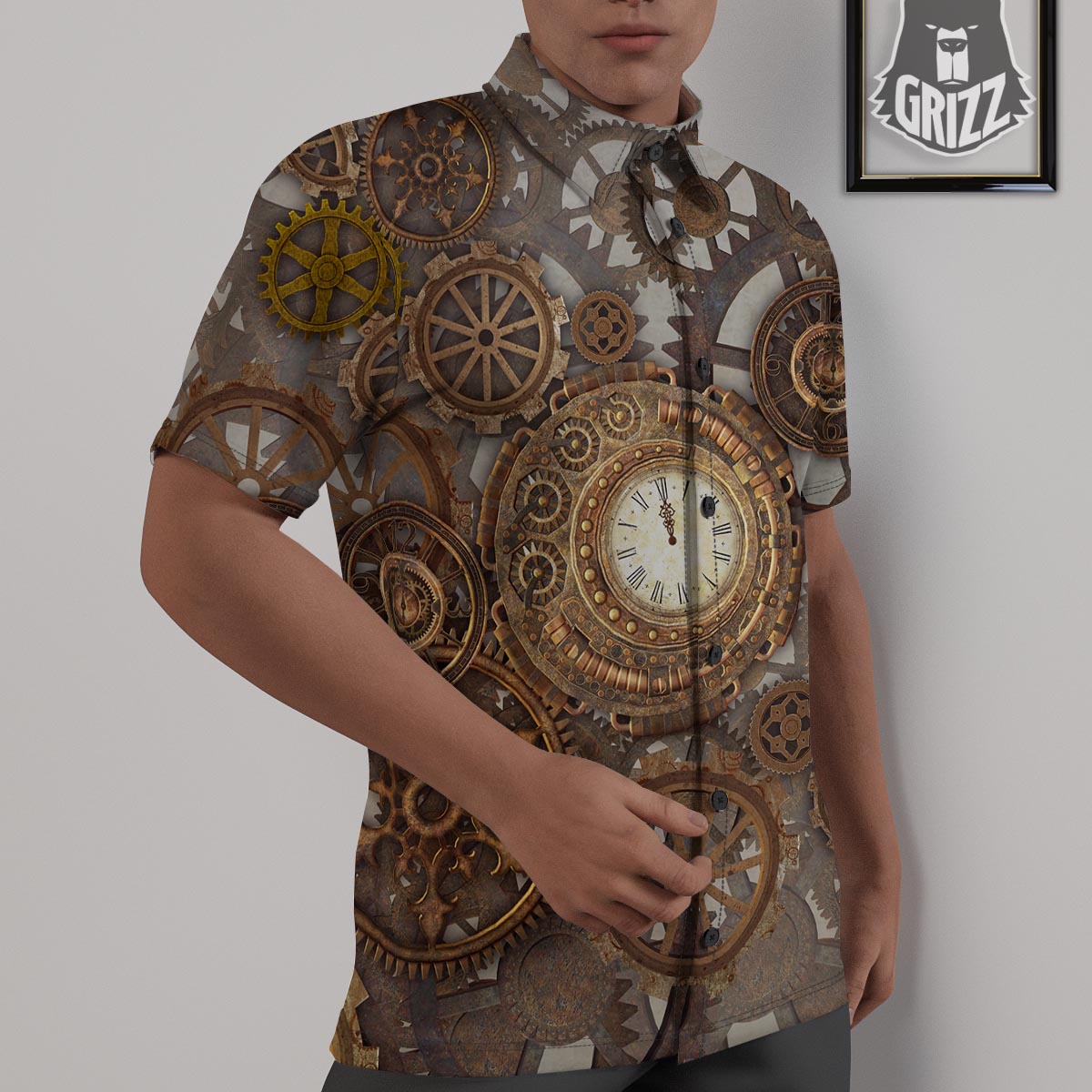 Steampunk Gears Clock Print Untucked Shirts-grizzshop