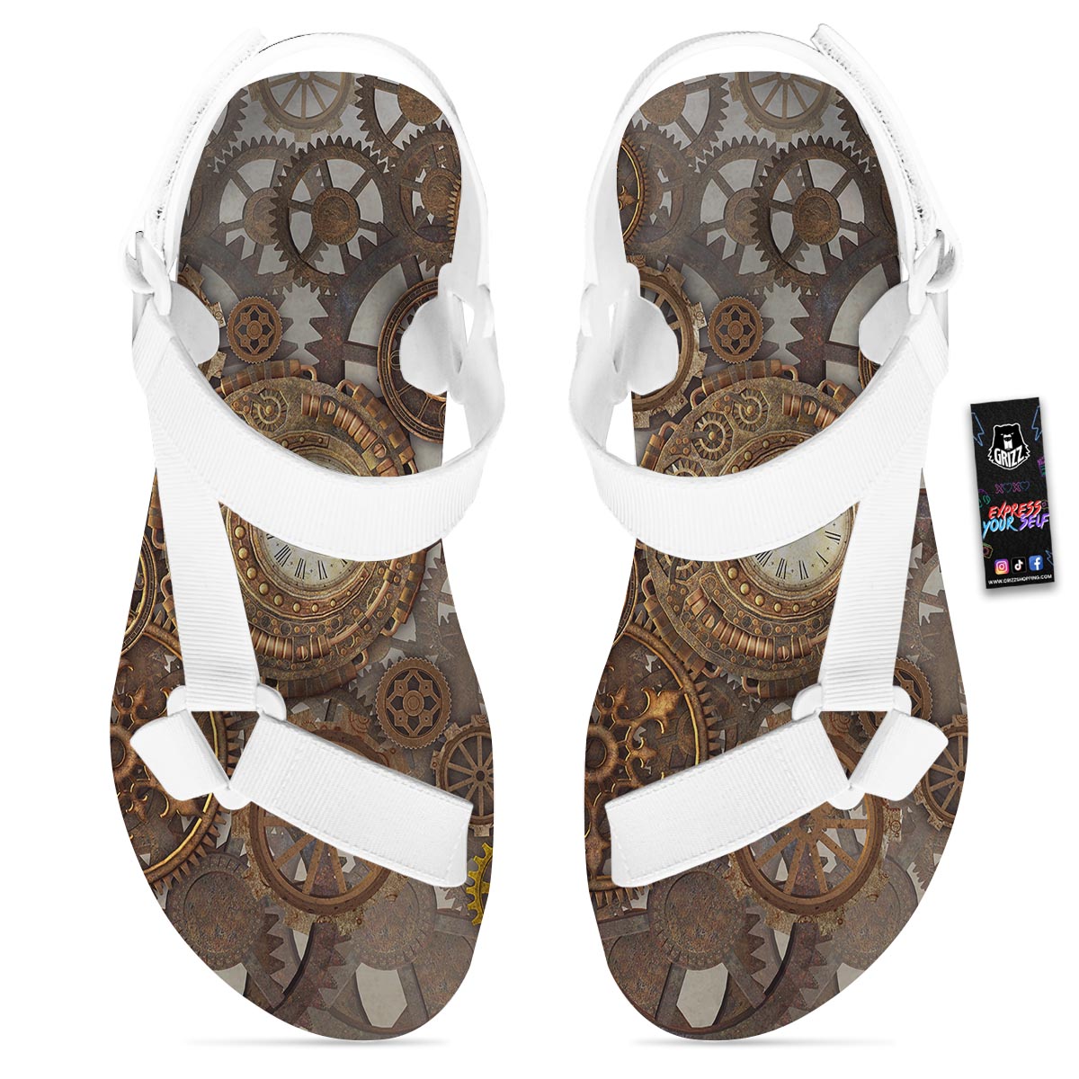 Steampunk Gears Clock Print White Open Toe Sandals-grizzshop