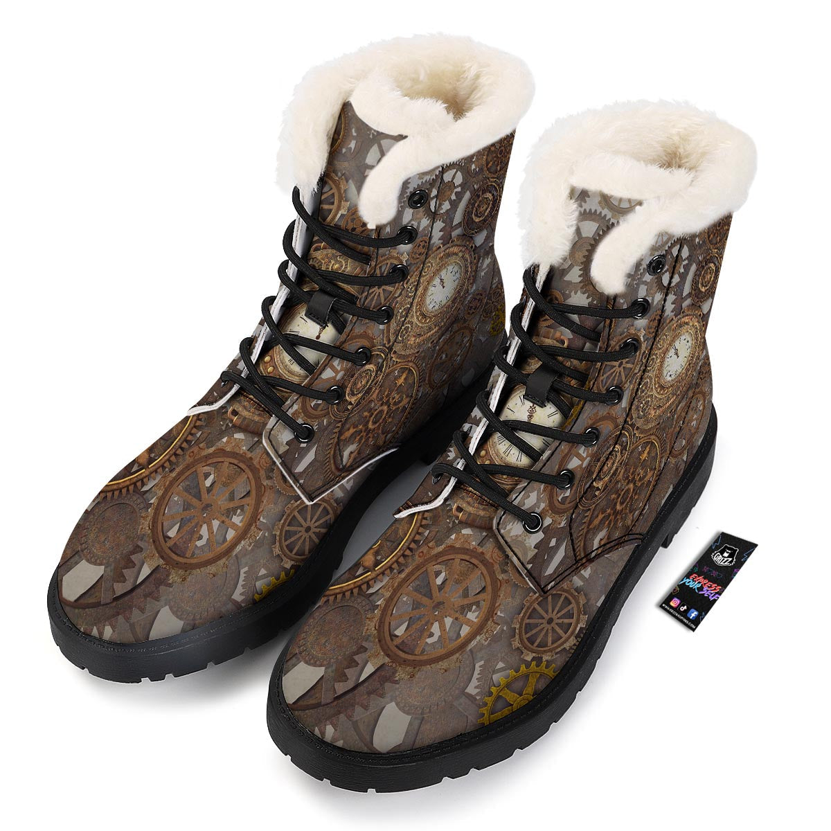 Steampunk Gears Clock Print Winter Boots-grizzshop