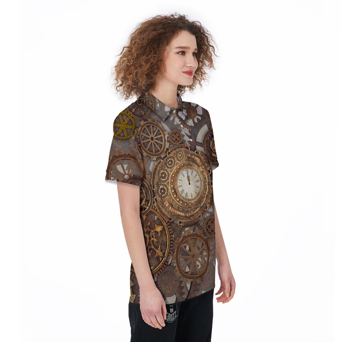 Steampunk Gears Clock Print Women's Golf Shirts-grizzshop
