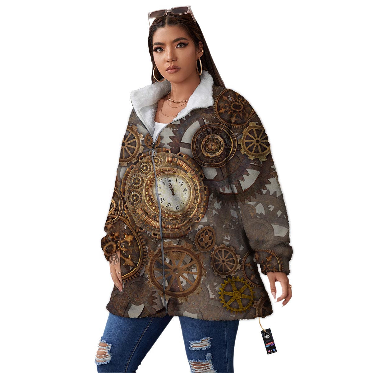 Steampunk Gears Clock Print Women's Sherpa Jacket-grizzshop