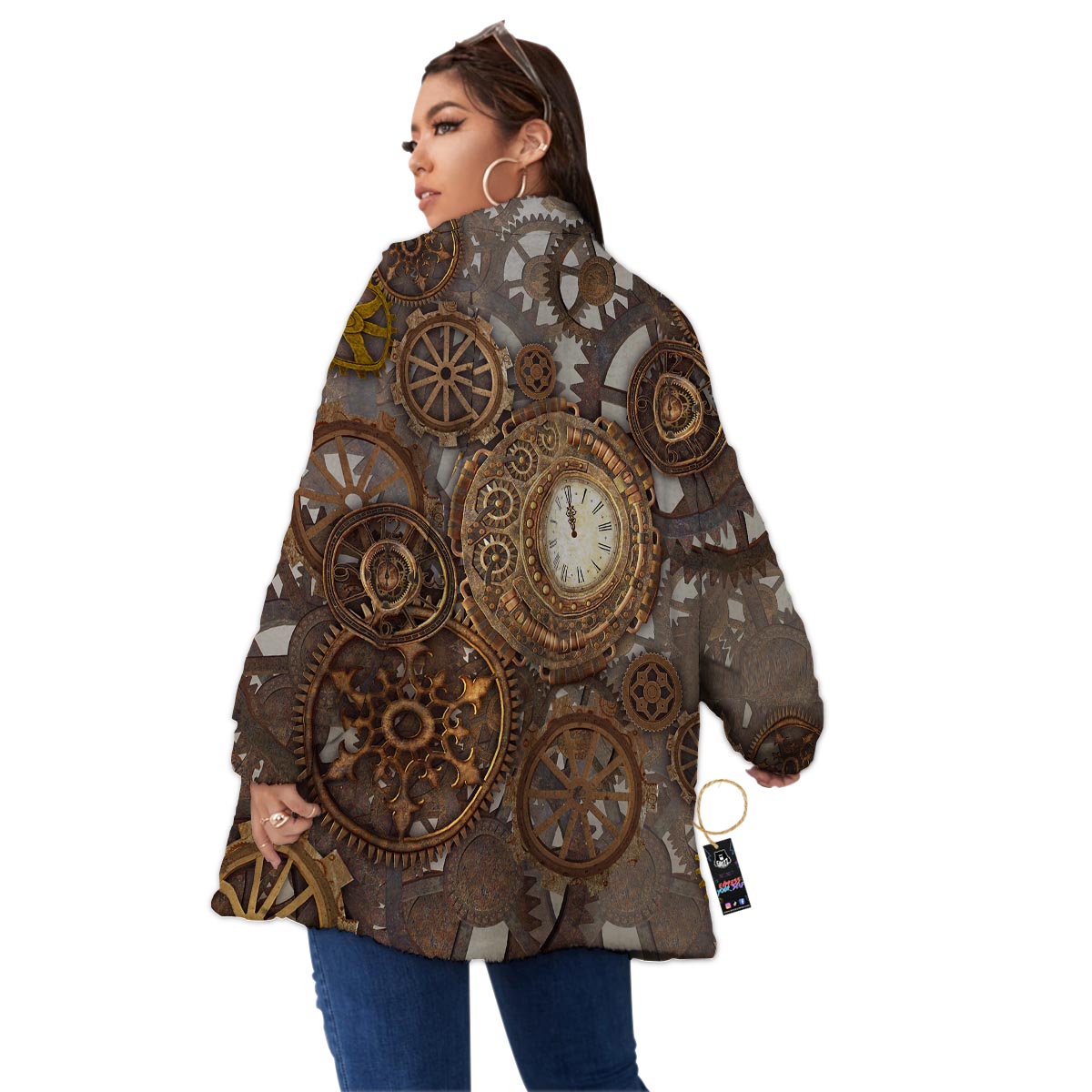Steampunk Gears Clock Print Women's Sherpa Jacket-grizzshop