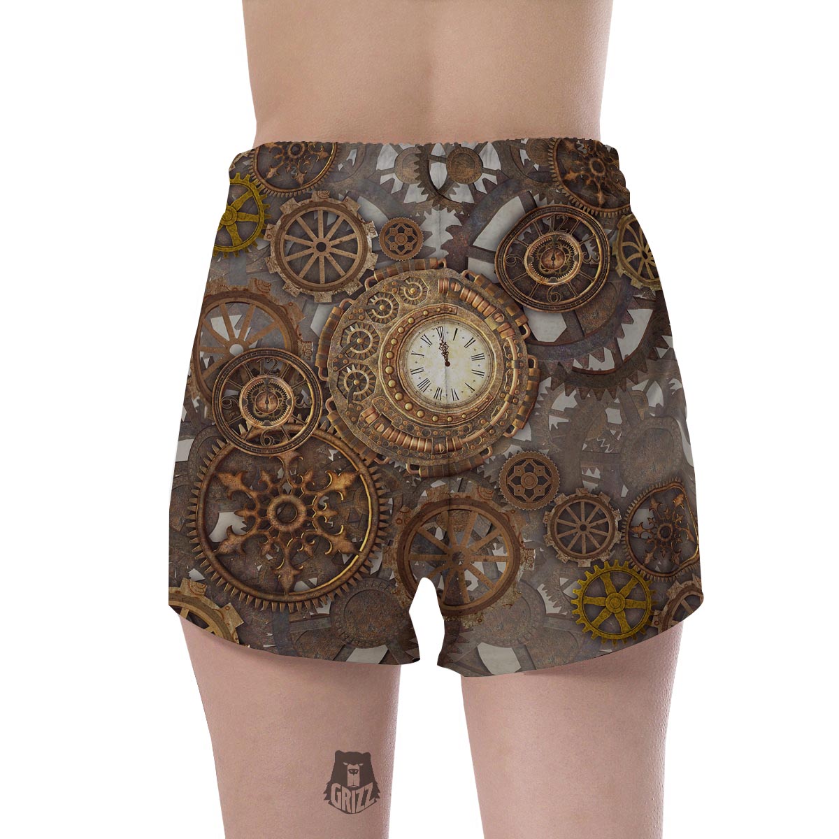 Steampunk Gears Clock Print Women's Shorts-grizzshop