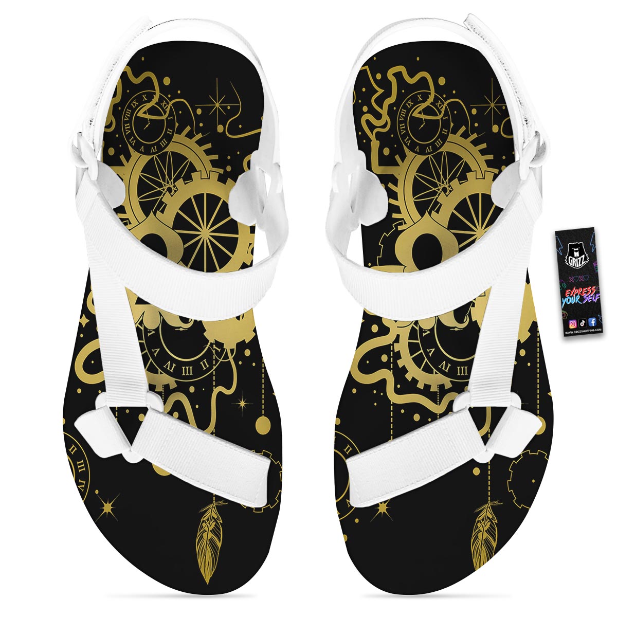 Steampunk Gears Metal Print White Open Toe Sandals-grizzshop