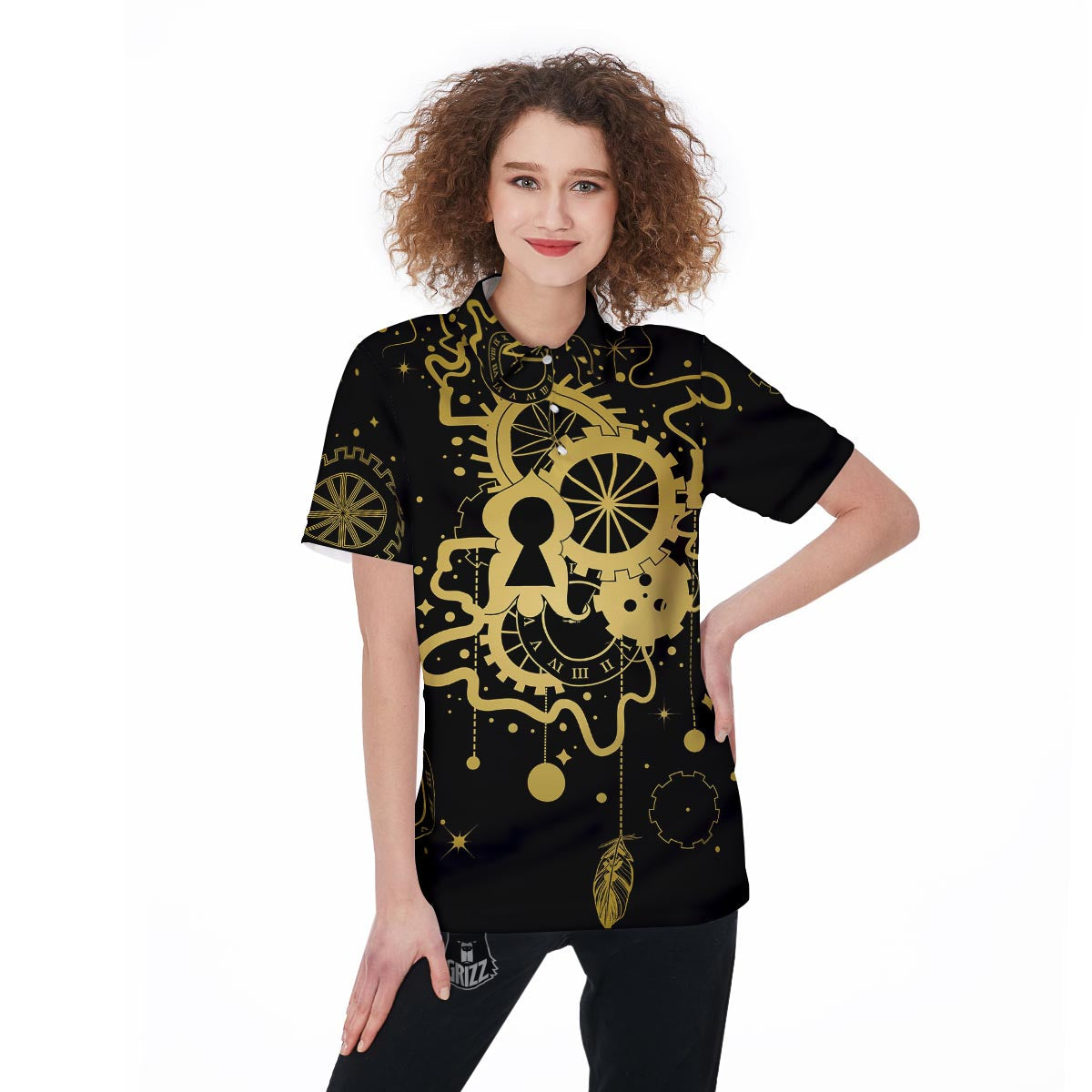 Steampunk Gears Metal Print Women's Golf Shirts-grizzshop