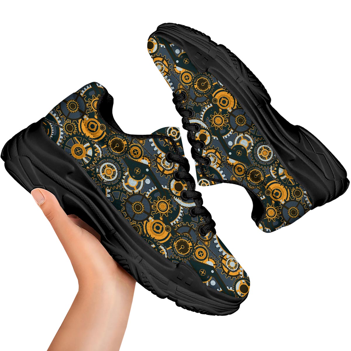Steampunk Gears Print Pattern Black Chunky Shoes-grizzshop