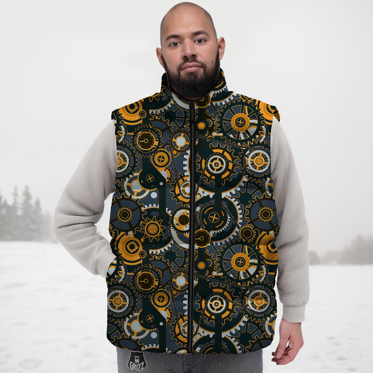 Steampunk Gears Print Pattern Down Vest