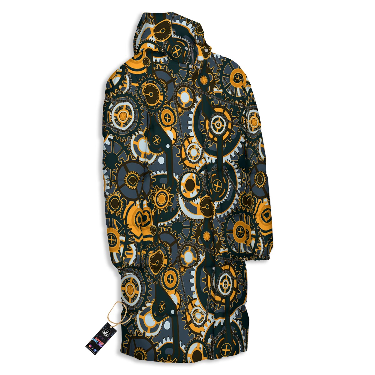 Steampunk Gears Print Pattern Long Down Jacket-grizzshop