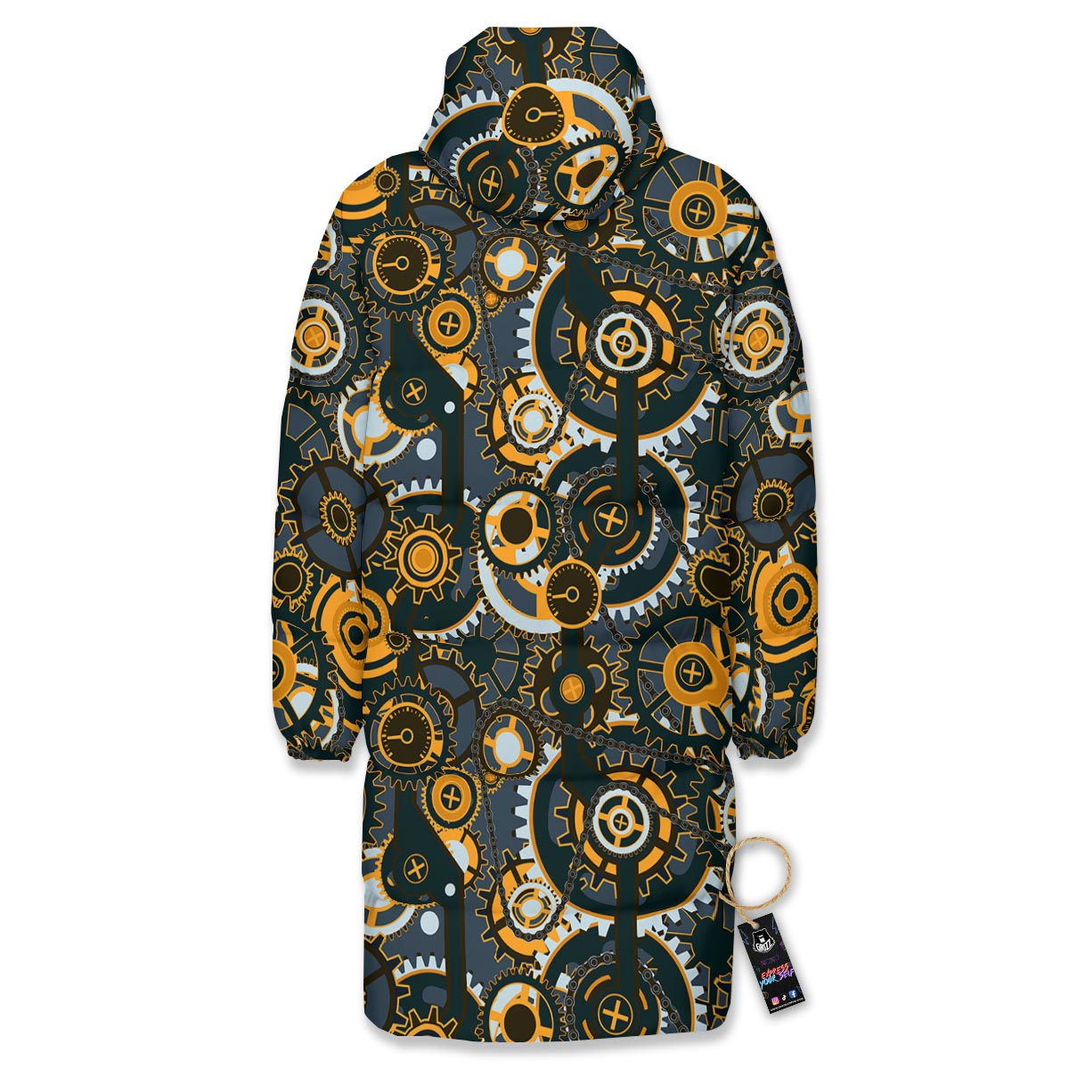 Steampunk Gears Print Pattern Long Down Jacket-grizzshop