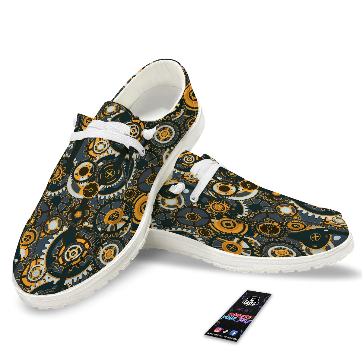 Steampunk Gears Print Pattern White Loafers-grizzshop