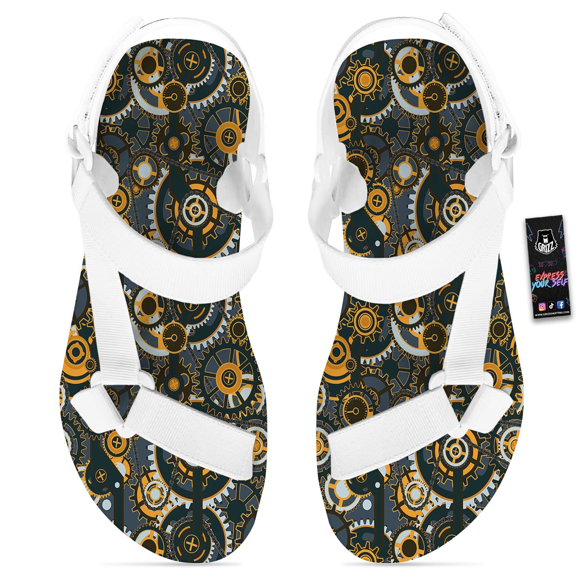Steampunk Gears Print Pattern White Open Toe Sandals-grizzshop