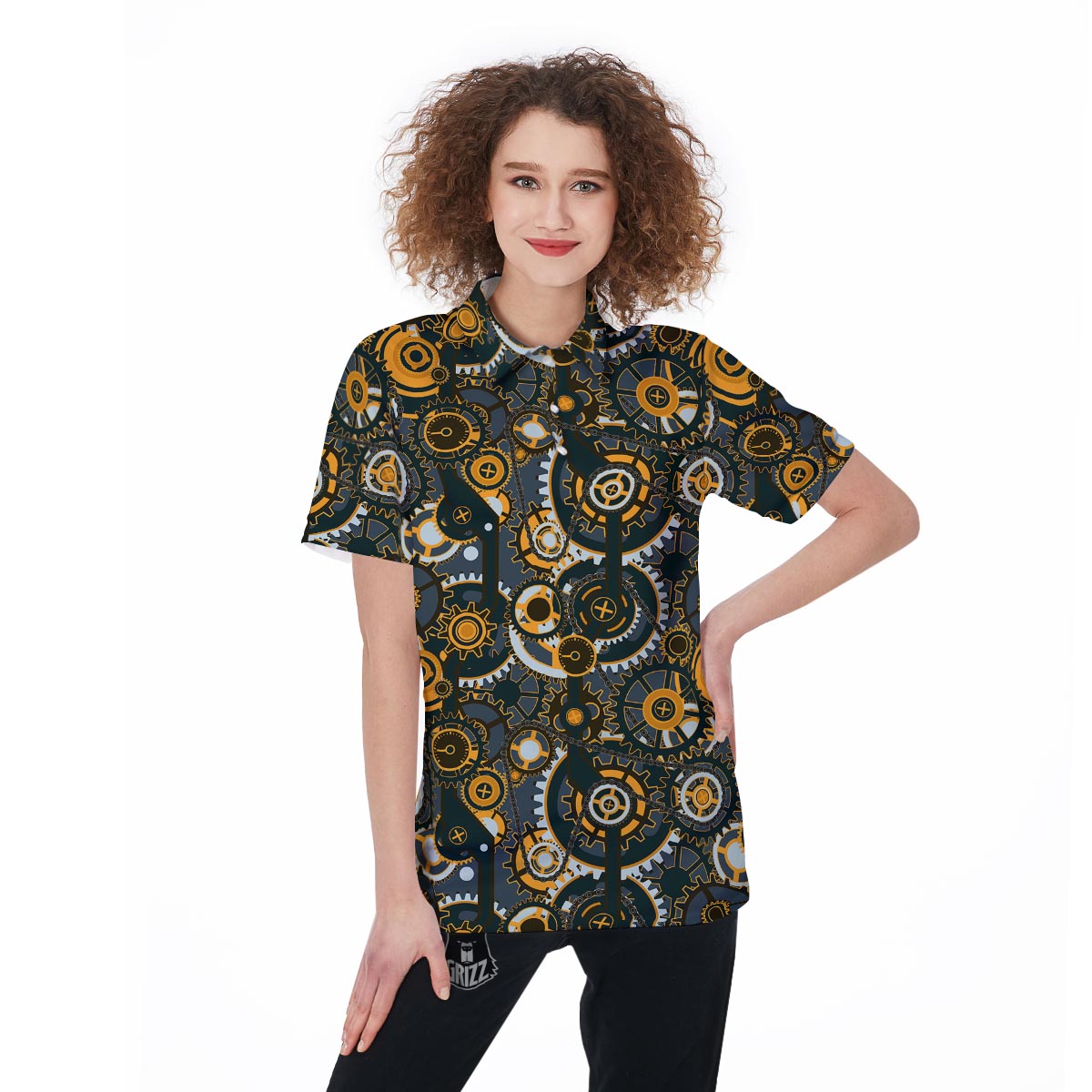 Steampunk Gears Print Pattern Women's Golf Shirts-grizzshop