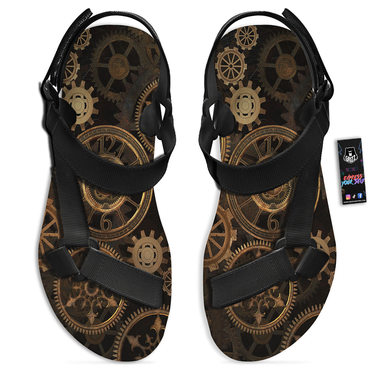Steampunk Gears Vintage Print Black Open Toe Sandals-grizzshop