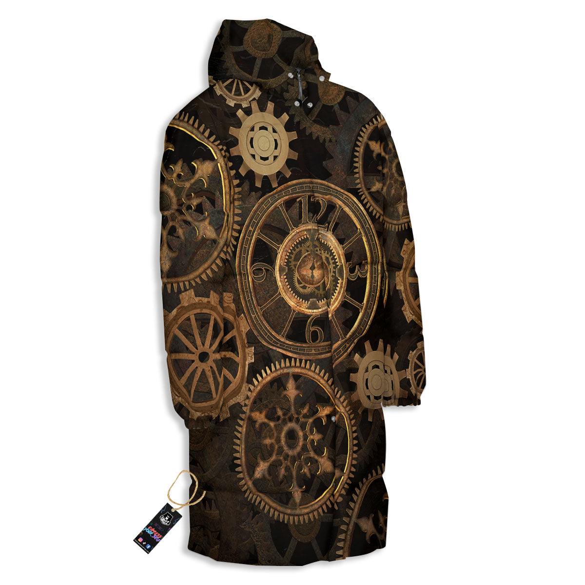 Steampunk Gears Vintage Print Long Down Jacket-grizzshop
