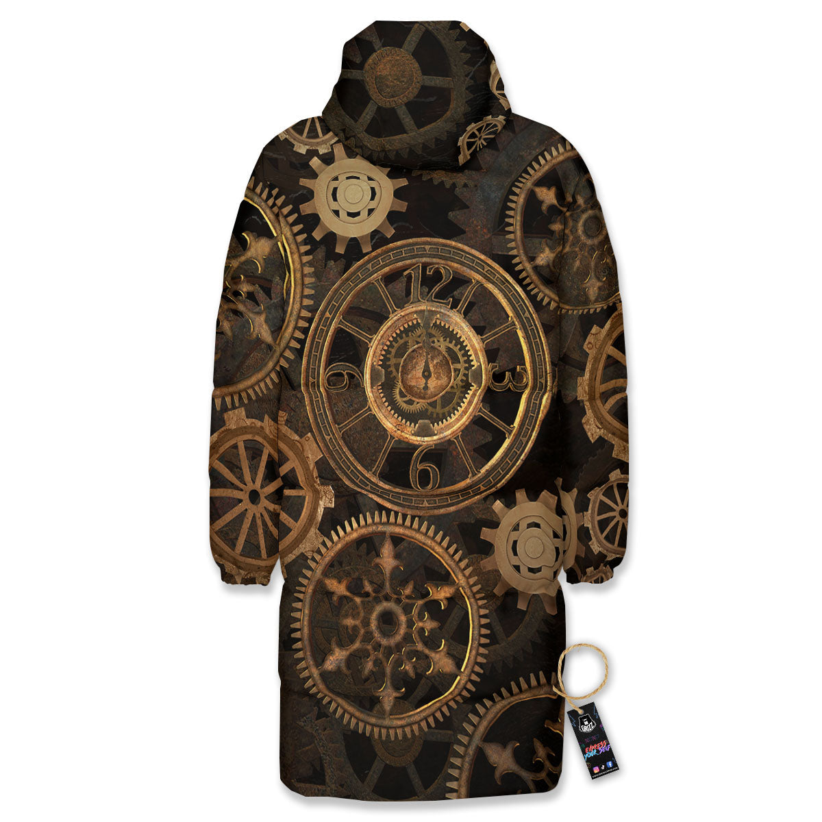 Steampunk Gears Vintage Print Long Down Jacket-grizzshop