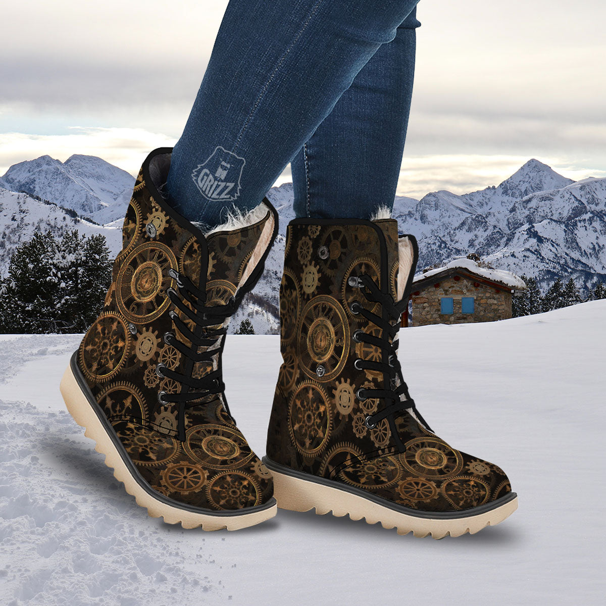 Steampunk Gears Vintage Print Snow Boots-grizzshop